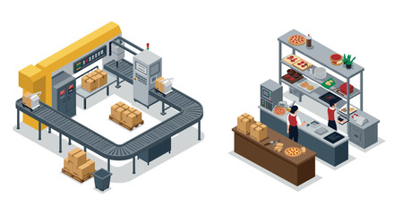 Obraz premium Isometric factory and restaurant interior with conveyor and kitchen equipment