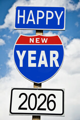 Hapy New Year 2026 written on american highway roadsign