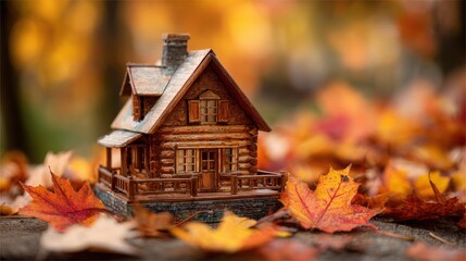 Charming Wooden House Model Surrounded by Vibrant Autumn Leaves on a Rustic Tabletop in a Beautiful Natural Setting