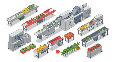Obraz premium Modern factory production line with automated food processing machines and conveyors
