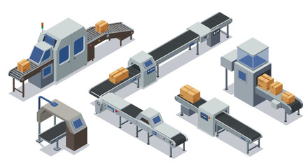 Modern isometric factory assembly line with conveyor belts and automation technology