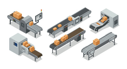 Isometric conveyor belt systems with parcel boxes in modern factory setting