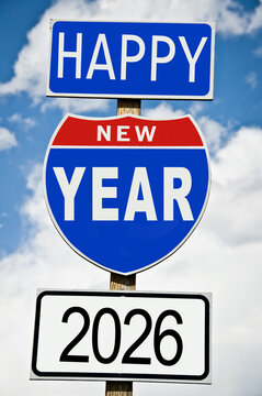 Hapy New Year 2026 written on american highway roadsign