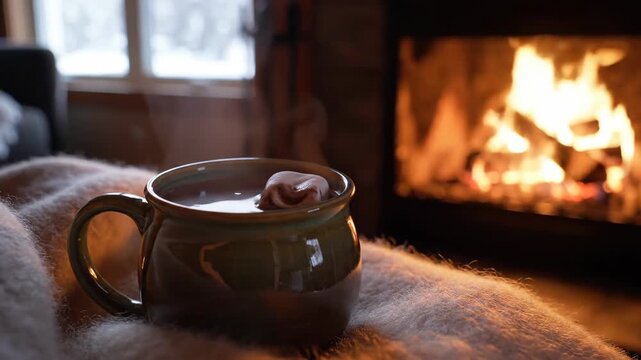 Cozy Winter Scene: A Mug of Hot Chocolate by a Fireplace, Snow Outside, Relaxing Ambience