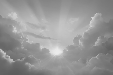 Sun rays shining through gray clouds. Bright sunlight in a cloudy sky. Celestial light effect or background element on transparent background.