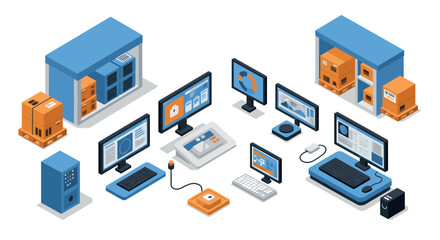 Obraz premium Isometric office workspace with computers and storage units in blue and orange