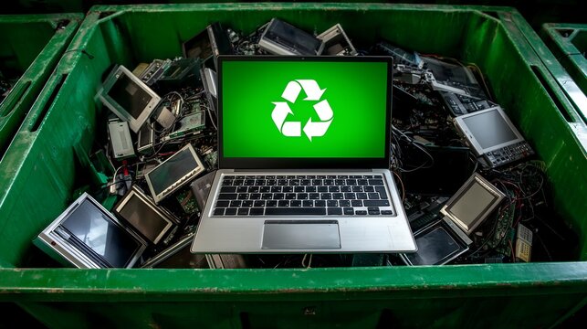 Open laptop with recycle symbol on screen sits in bin full of electronic waste and parts, concept for environmental protection, e-waste management and sustainable technology