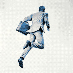Dynamic businessman in a suit running with a briefcase, minimalist style.