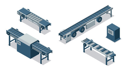 Fototapeta premium Isometric conveyor systems set with industrial machinery