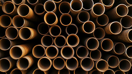 An array of steel pipes, stacked high and ready for use in construction or other industrial applications. The pipes show signs of aging, with a patina of rust.