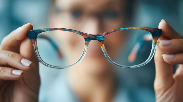 Close-up of a person holding colorful eyeglass frames against blurred face background, concept for vision correction, fashionable eyewear and optician advertising