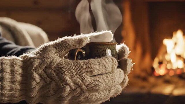 Cozy winter scene of hands wearing gloves holding a warm mug near a fireplace