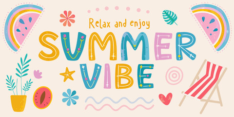 Bright and cheerful summer vibe lettering with playful illustrations of watermelon plants and a beach chair