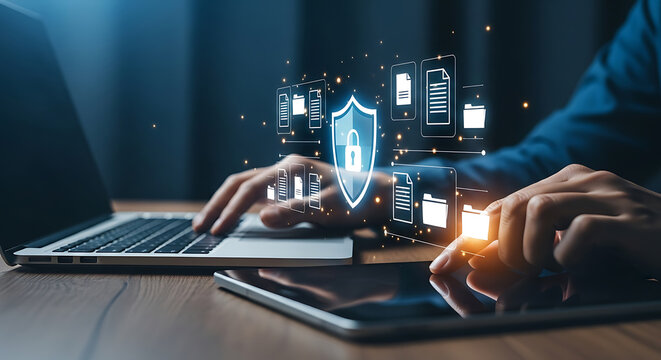 Person working on a laptop and a tablet with a shield padlock icon and file icons, representing data security, protection, and cybersecurity