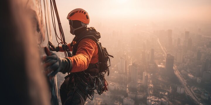 Industrial climber in helmet working on a high-rise building with cityscape view at sunset, concept for construction, safety and urban development