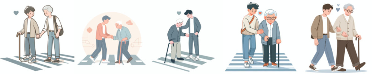 a man helps an grandfather cross the road