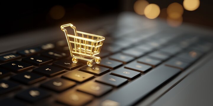 Golden shopping cart miniature placed on a modern laptop keyboard with a bokeh background, concept for online shopping, e-commerce promotion and digital marketing strategy