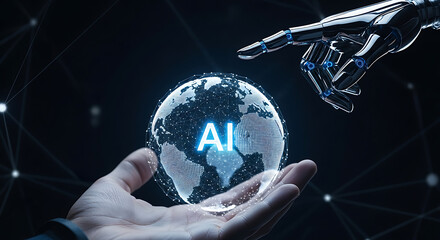 Human hand holding digital globe with ai text as robot hand reaches out. modern technology concept of artificial intelligence.