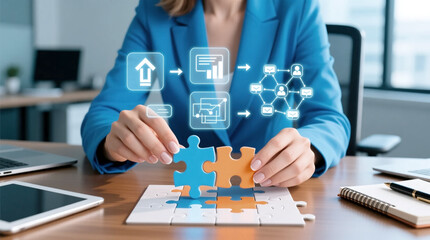 Problem-Solving Puzzle by Businesswoman Hands with Final Puzzle Piece and Hologram Icons, Teamwork and Workflow Concept