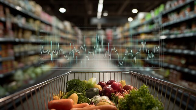 Shopping cart filled with fresh produce in a supermarket with financial chart overlayed. Concept for food industry analysis, consumer behavior trends and economic forecasting