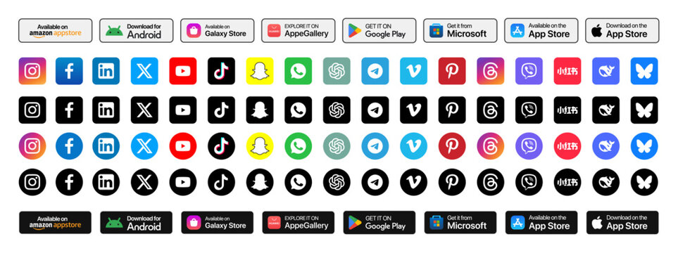 Social media app icons. App store badges. Social platform logo pack