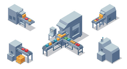 Automated factory conveyor system with modern machine equipment in isometric design
