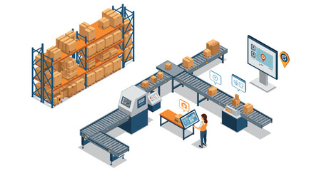 Isometric warehouse automation with conveyor belts and digital interfaces