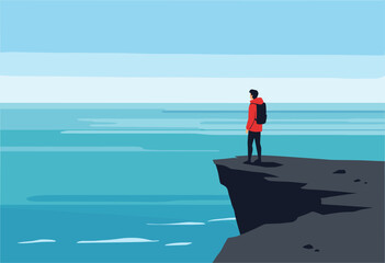 Obraz premium Hiking adventure at the ocean cliff digital calm environment wide angle view exploration concept