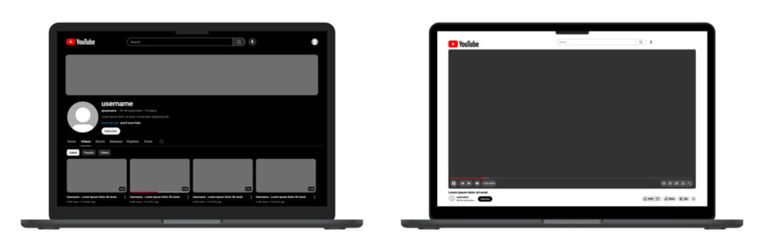 YouTube desktop mockup. YouTube dark mode and light mode UI design for YouTube creators and channel layout preview