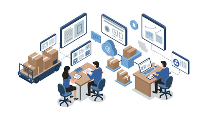 Efficient warehouse management and team collaboration in isometric office setting