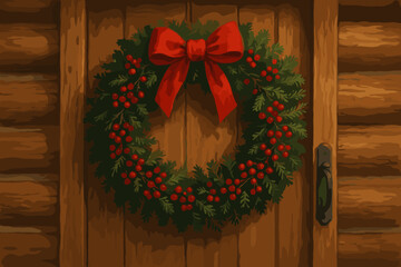 Festive christmas wreath on rustic wooden door holiday decoration cozy environment view