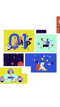 Robotics, AI and digital innovation bento grid vertical animation. Robots development. Cloud connect. Binary data collage motion 4K video web design. Animated cartoon characters collection mood board