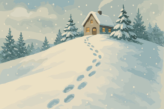 Snowy winter scene cozy house on a hill peaceful environment warm glow seasonal serenity