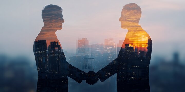Double exposure of two businessmen shaking hands with cityscape at sunset, concept for global partnership, international relations and successful negotiation