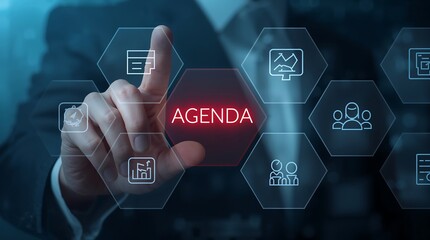 Person interacting with a digital touchscreen interface featuring hexagonal icons, highlighting the word ‘AGENDA’ in red. Surrounding icons represent planning, goals, teamwork, and productivity.