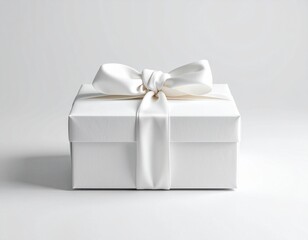 Obraz premium Elegant white gift box mockup with satin ribbon bow on clean background – luxury packaging design