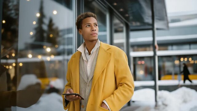Entrepreneur using a transparent digital screen while walking through a snowy plaza, emotion of focus and innovation visible, symbolizing resilience, technology integration, and adaptability in