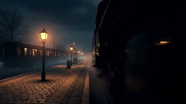 A vintage steam train approaches a dimly lit station at night, with fog enveloping the scene