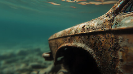 Sunken relic: An old, rusted vehicle rests on the ocean floor, a haunting reminder of time and tide. Nature reclaims what was once familiar, shrouded in the ocean depths.
