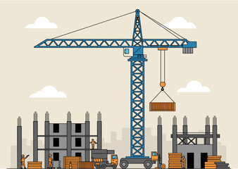 Construction site activity urban environment crane operation industrial context