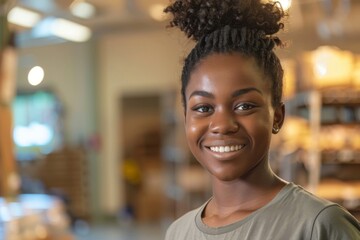 Fototapeta premium Young woman smiling in a modern workspace