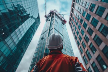 Fototapeta premium Construction worker looking up at skyscraper under construction