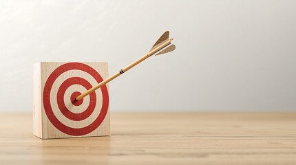 Wooden blocks arranged to form an image of a bullseye target with an arrow hitting the center, symbolizing goal achievement, focus, precision, and success. Motivation and strategic planning.