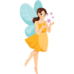 Cartoon Fairy Woman with Light Blue Wings Yellow Dress and Purple Flowers Isolated on White Background
