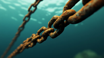 Submerged, rusted chains entwine underwater, a testament to time's relentless passage and the sea's embrace. Macro details reveal the texture of decay under the waves.