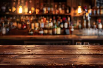 Wooden bar counter with blurred bottles in background