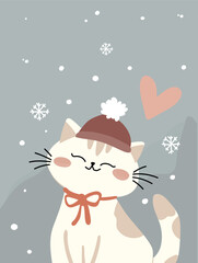 Cute cat with a red hat and bow sitting in falling snow with a pink heart above.