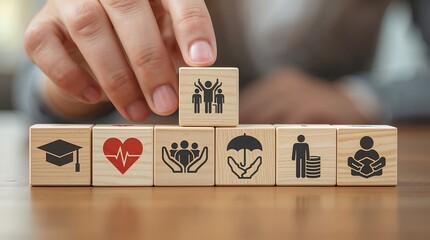 Close-up of a hand arranging wooden blocks on a table, Social welfare and financial security ,education, healthcare, insurance, community support,and retirement savings. Care, protection.
