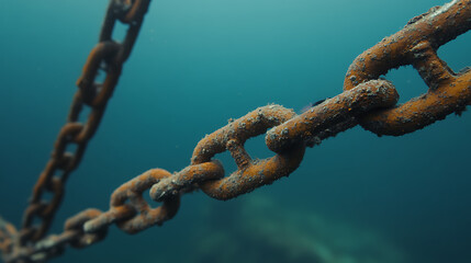 Underwater chains descend into the depths, aged by time and the elements, creating a haunting scene of strength and decay beneath the waves. Nautical antiquity.