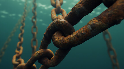 Submerged in the depths, a rusted chain descends into the murky blue.  Time and tide erode the metal, leaving a testament to corrosion.  The ocean whispers secrets.